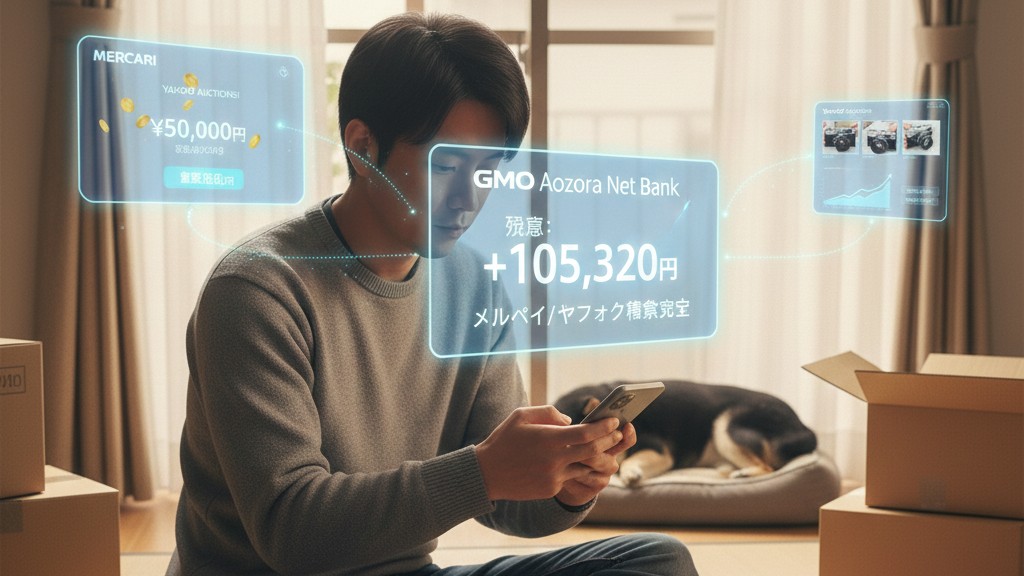 メルカリやヤフオクの売却益をGMOあおぞらネット銀行の口座に振り込むイメージ